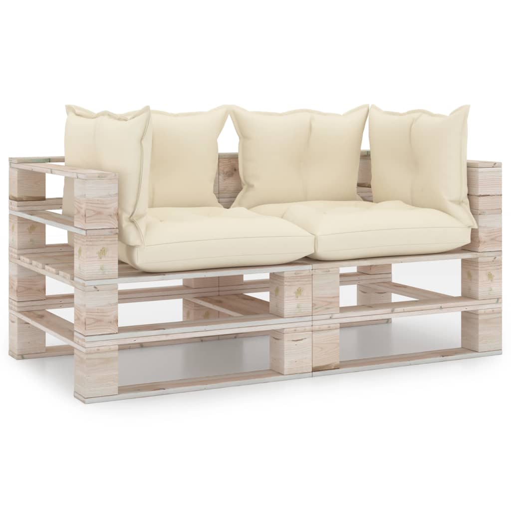 Canapea de gradina din paleti cu 2 locuri cu perne vidaXL, Lemn, 70 x 67.5 x 62 cm, Crem