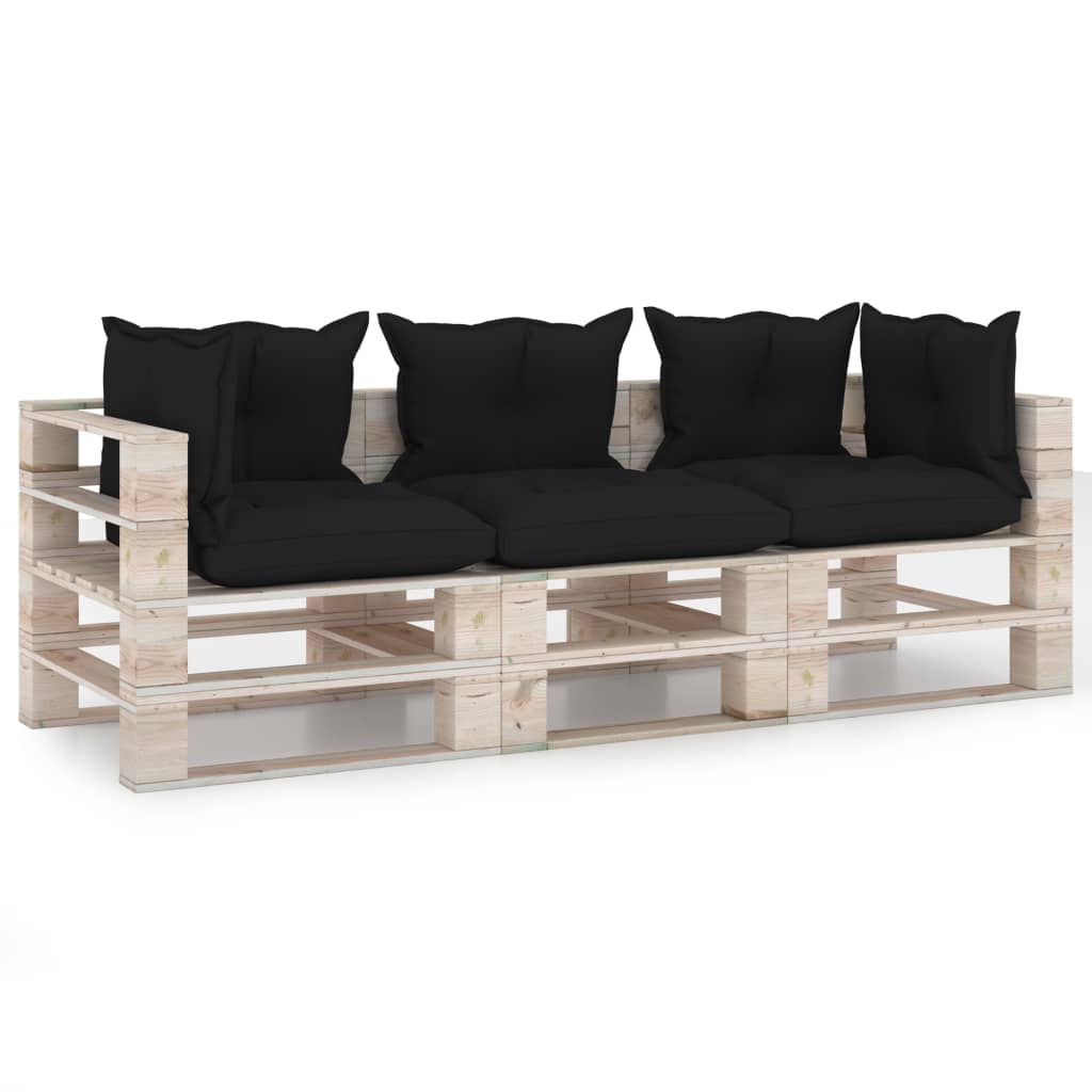 Canapea de gradina din paleti cu 3 locuri cu perne vidaXL, Lemn, 70 x 67.5 x 62 cm, Negru