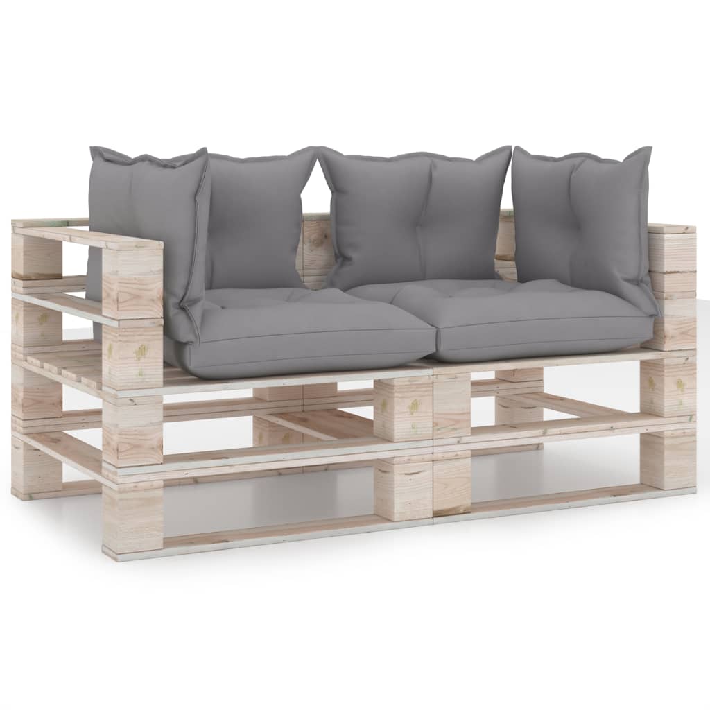Canapea de gradina din paleti cu 2 locuri cu perne vidaXL, Lemn, 70 x 67.5 x 62 cm, Gri