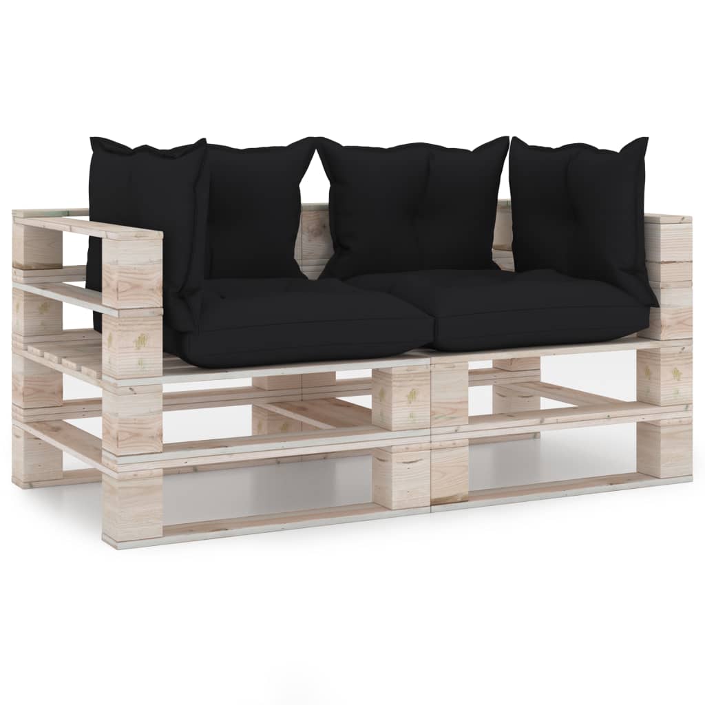 Canapea de gradina din paleti cu 2 locuri cu perne vidaXL, Lemn, 70 x 67.5 x 62 cm, Negru
