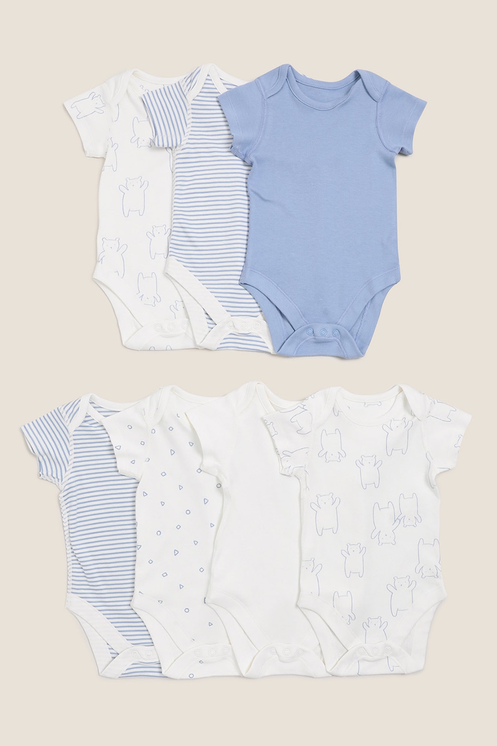 Marks & Spencer, Set de body-uri cu imprimeu - 7 piese, Bleu/Alb
