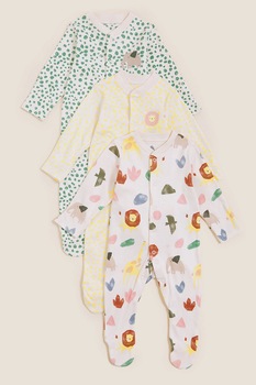 Marks & Spencer, Set de salopete cu botosei si imprimeu - 3 piese, Multicolora Marks & Spencer, Set de salopete cu botosei si imprimeu - 3 piese, Multicolora