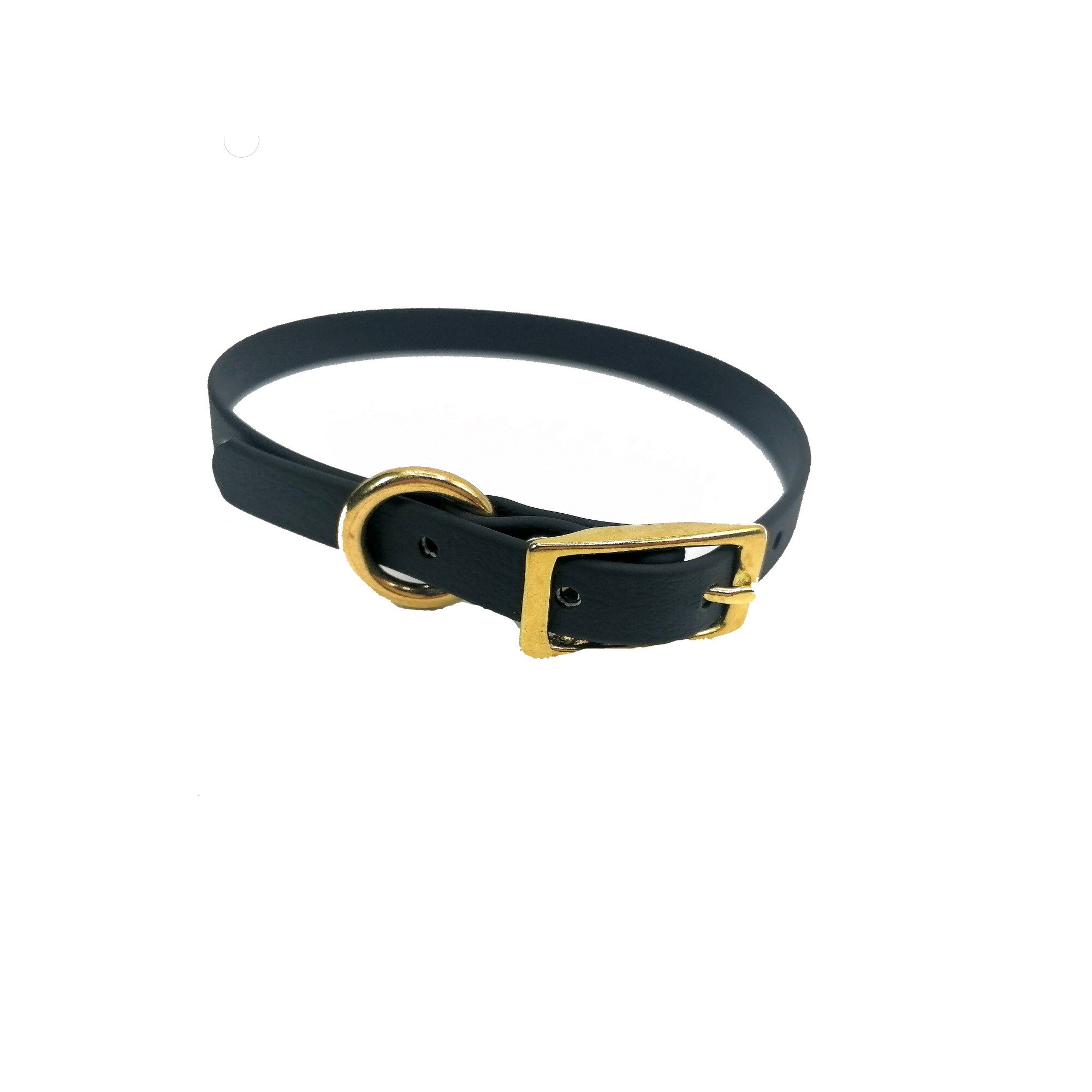 Zgarda din biothane negru 13 mm x 48 cm cu accesorii gold