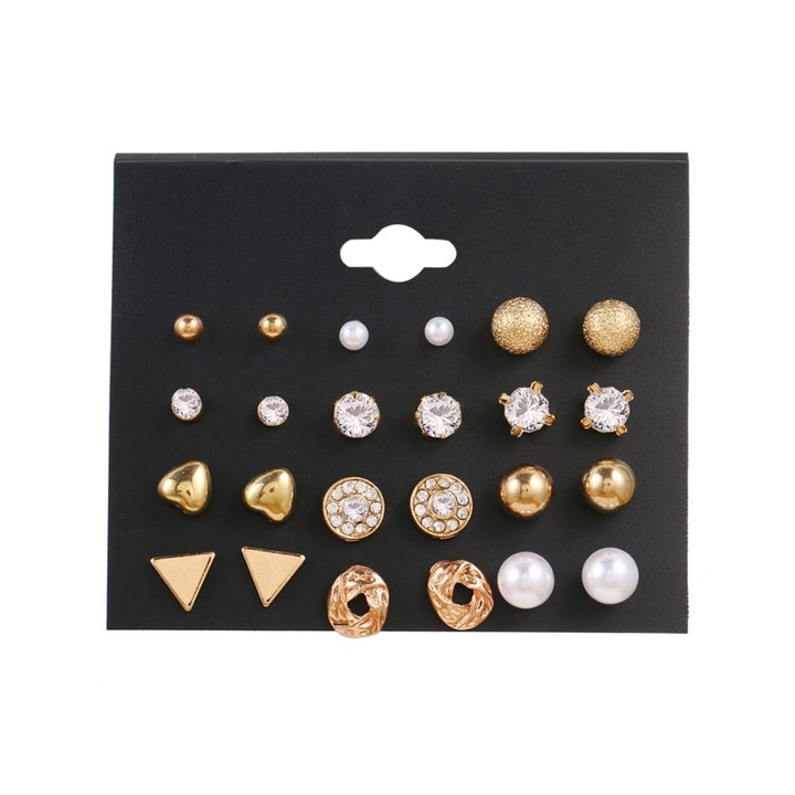 Fülbevaló szett, Pili-Paradise, fém/műanyag, 12 pár, arany/fehér