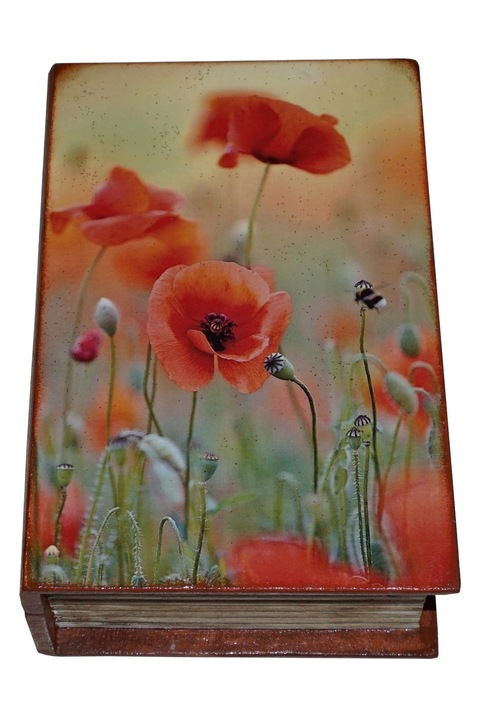 Cutie de bijuterii tip carte decorata si pictata manual prin tehnici mixte, Serena, Maci