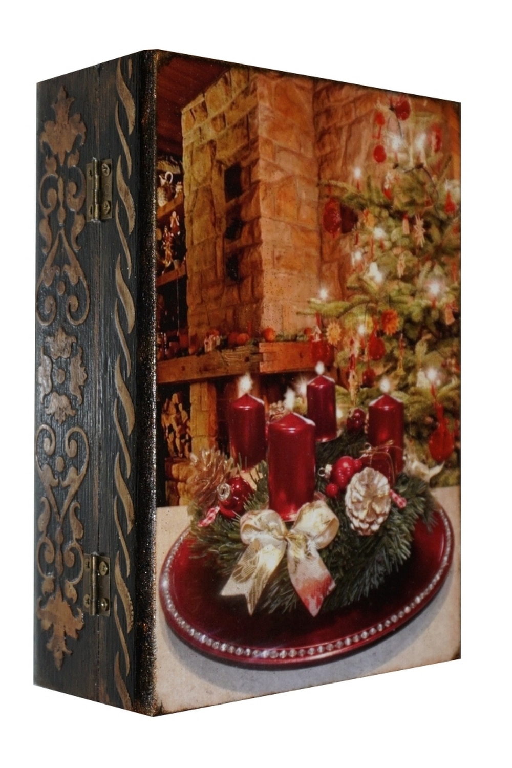 Cutie de bijuterii tip carte decorata si pictata manual prin tehnici mixte, Serena, Coronita advent de Craciun