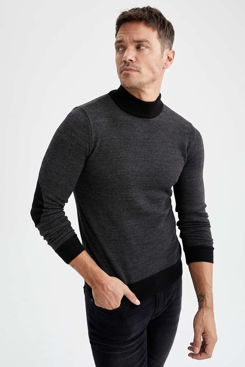 DeFacto, Pulover slim fit cu guler scurt1, Gri inchis/ Negru