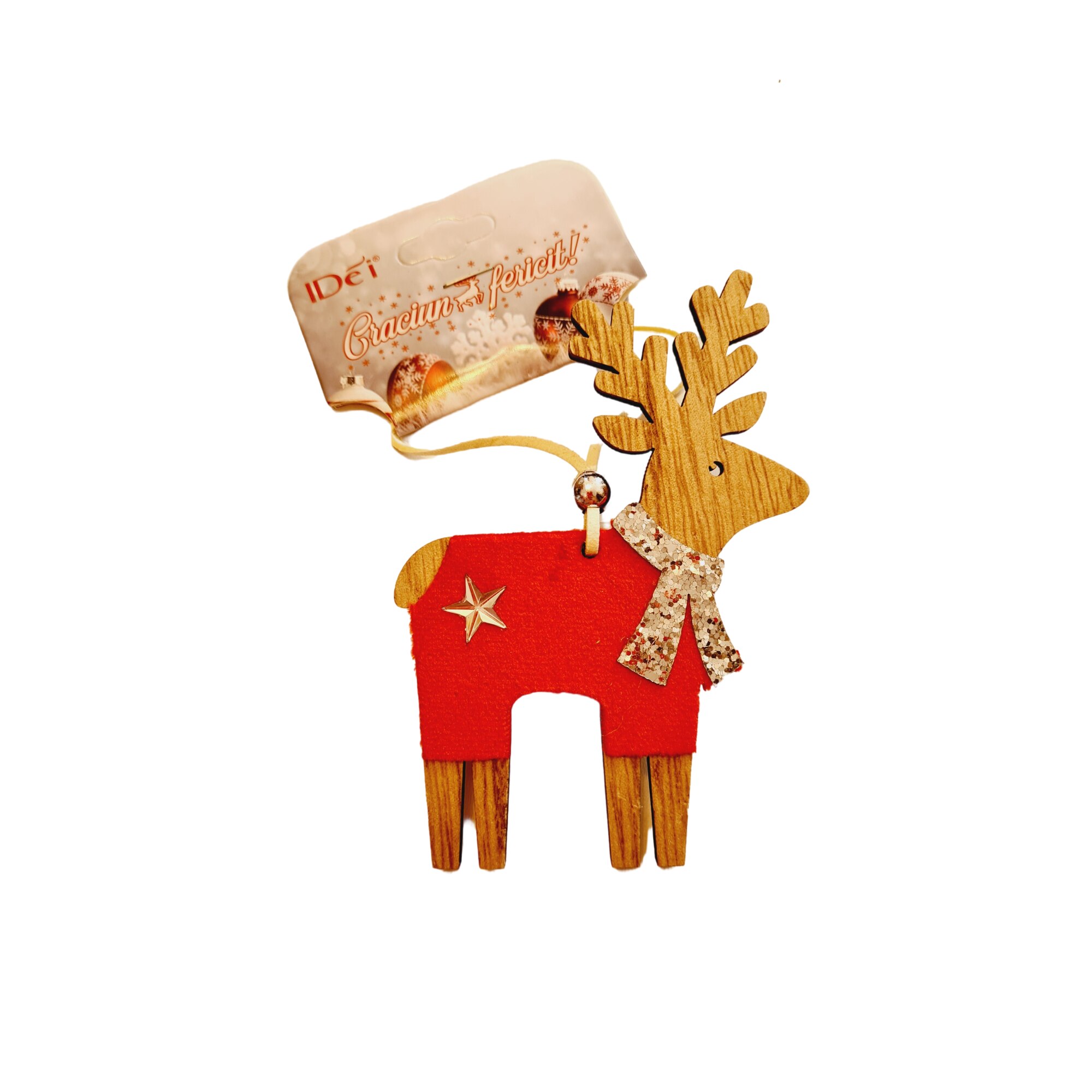 Decoratiune Craciun din lemn, Figurina Ren, 13x8 cm, Rosu