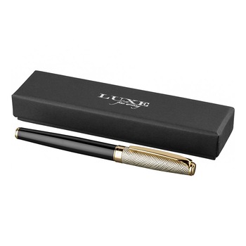 Roller de lux, Metal, Negru, Piksel, cu capac din piele aurie, in cutie cadou Roller de lux, Metal, Negru, Piksel, cu capac din piele aurie, in cutie cadou