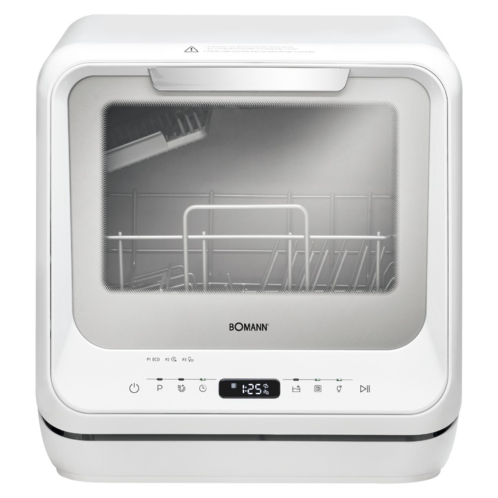Mini masina de spalat vase Bomann, TSG 5701, rezervor apa 5 l, 5 programe, functie de uscare extra si antibacteriana, temperatura 45 C-72 C, alimentare la apa optional, compacta, alb