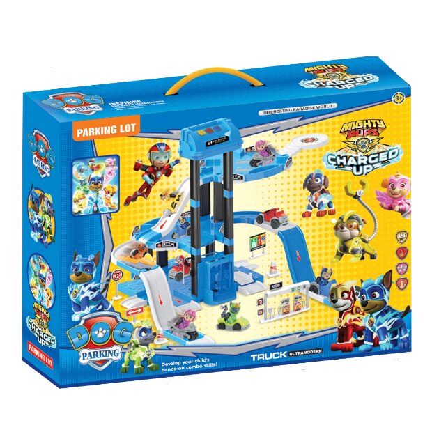 Set parcare pe trei etaje cu patrula catelusilor cu 2 machete, lifit si benzinarie, pentru copii + 3 ani