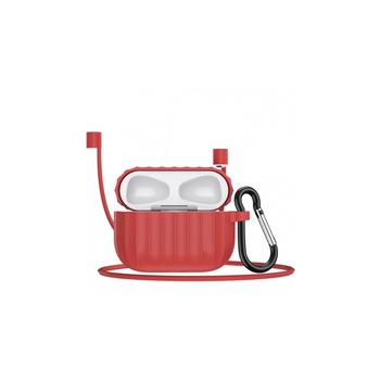 Husa pentru Airpods Pro, cu suport snur pentru casti si carabina de siguranta, Rosu Husa pentru Airpods Pro, cu suport snur pentru casti si carabina de siguranta, Rosu