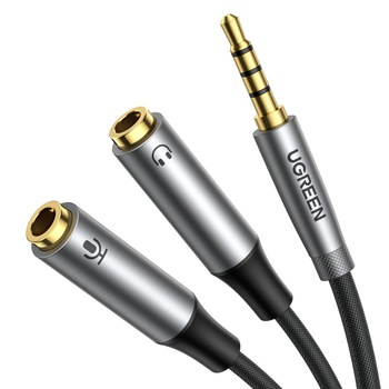 Cablu AUX Ugreen, pentru Casti / Microfon, 1 x tata 3,5 mm, 2 x mama 3,5 mm, 0,2 m, Negru Cablu AUX Ugreen, pentru Casti / Microfon, 1 x tata 3,5 mm, 2 x mama 3,5 mm, 0,2 m, Negru