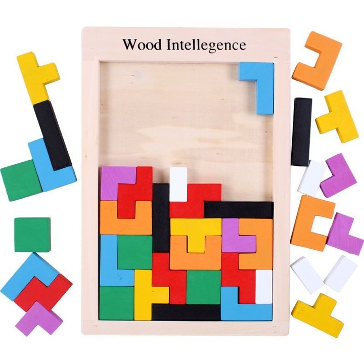 Joc de inteligenta Tetris puzzle, lemn, Montessori, 40 piese