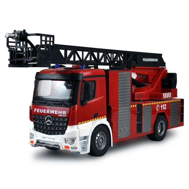 Camion RC cu telecomanda Mercedes-Benz Arocs Pompieri cu scara functionala, stropeste cu apa, Lungime 58 cm, Scara 1:18, 2,4GHz, Lumina LED si sunet, 12 canale, RTR, 8+