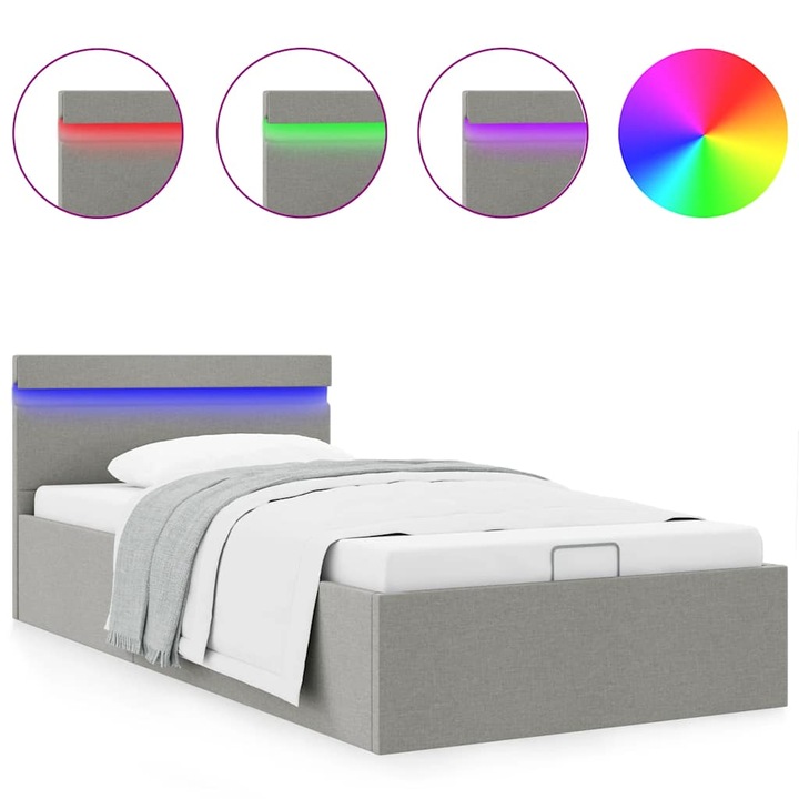 Легло с повдигащ механизъм и LED vidaXL, светлосиво, текстил 90x200 см, 30.65 Kg