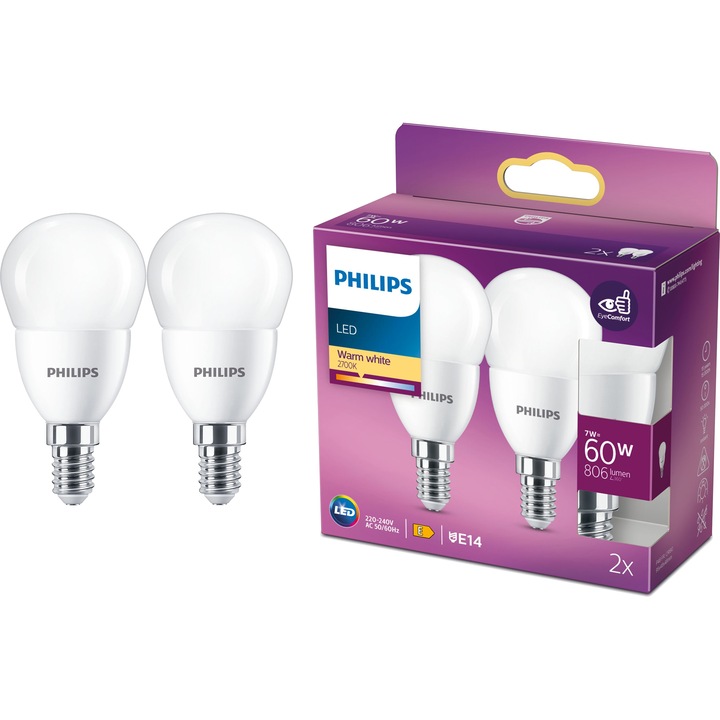 Pachet 2 becuri LED Philips P48, EyeComfort, E14, 7W (60W), 806 lm, lumina alba calda (2700K), clasa energetica E