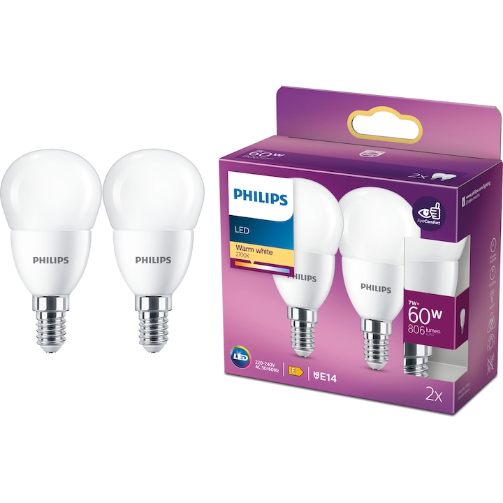 Pachet 2 becuri LED Philips P48, EyeComfort, E14, 7W (60W), 806 lm, lumina alba calda (2700K), clasa energetica E