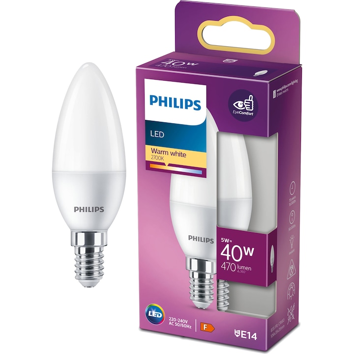 Bec LED Philips B35, tip lumanare/lustra, EyeComfort, E14, 5W (40W), 470 lm, lumina alba calda (2700K), clasa energetica F