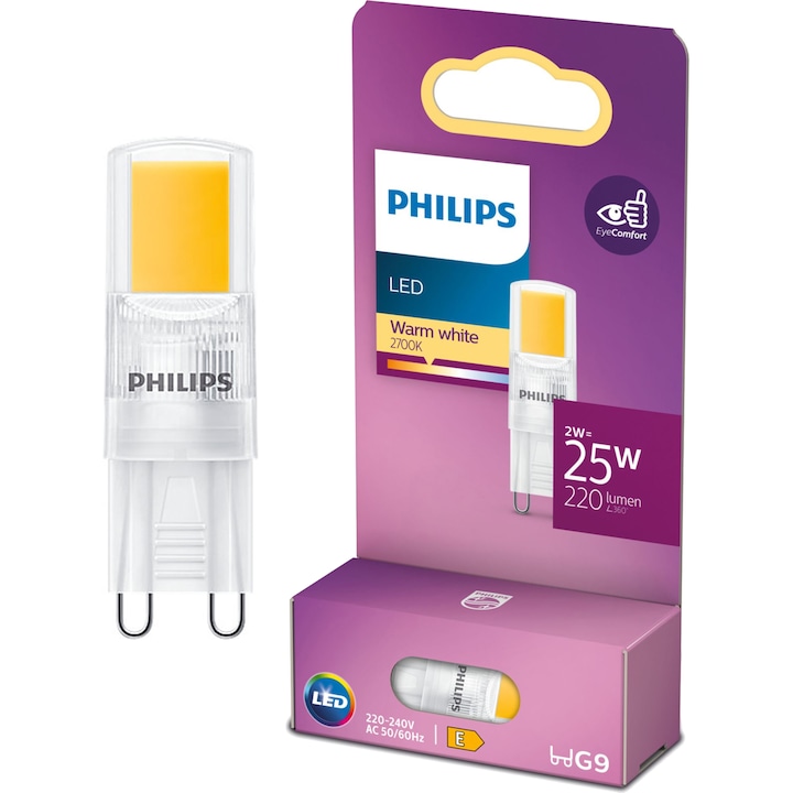Bec LED capsula Philips, EyeComfort, G9, 2W (25W) 220 lm, lumina alba calda (2700K), clasa energetica E