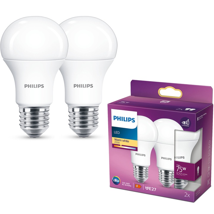 Комплект 2 крушки LED Philips A60, EyeComfort, E27, 11W (75W), 1055 лумена, Топла бяла светлина (2700K), Енергиен клас F