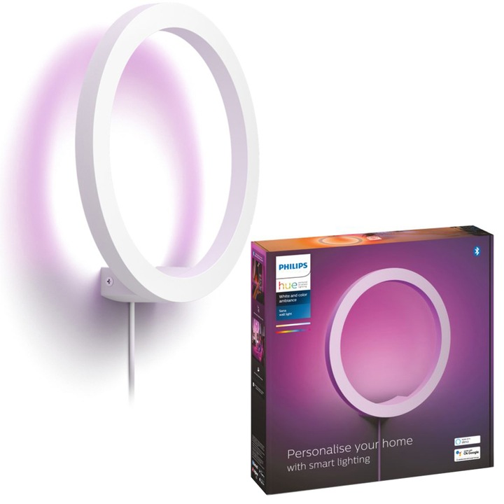Aplica LED RGB inteligenta Philips Hue Sana, Bluetooth, 20W (175W), 1400 lm, lumina ambianta alba si color, metal, 25.5 cm, Alb, clasa energetica G