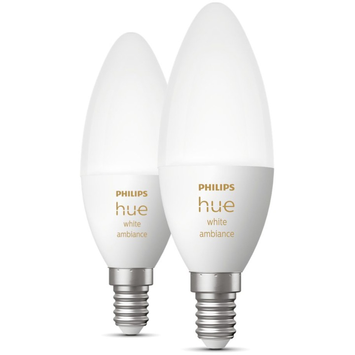 Комплект 2 смарт крушки LED Philips Hue B39, Bluetooth, Zigbee, E14, 4W (25W), 470 лумена, Бяла светлина (2200-6500K), Енергиен клас G