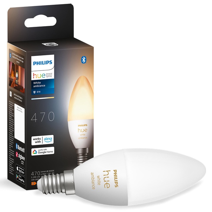 Смарт LED крушка Philips Hue B39, Bluetooth, Zigbee, E14, 4W (25W), 470 лумена, Бяла околна светлина (2200-6500K), Енергиен клас G