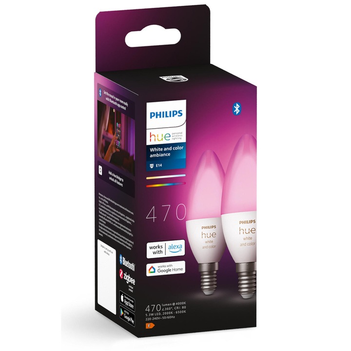 Комплект 2 смарт крушки LED RGB Philips Hue B39, Bluetooth, Zigbee, E14, 4W (25W), 470 лумена, Бяла и цветна светлина, Енергиен клас G