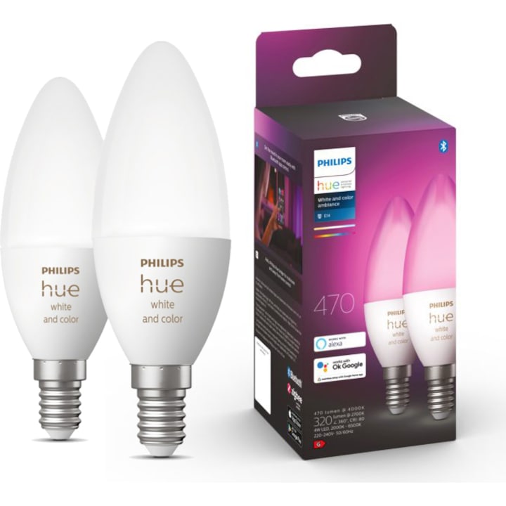 Pachet 2 becuri LED RGB inteligente Philips Hue B39, Bluetooth, Zigbee, E14, 4W (25W), 470 lm, lumina alba si color, clasa energetica G
