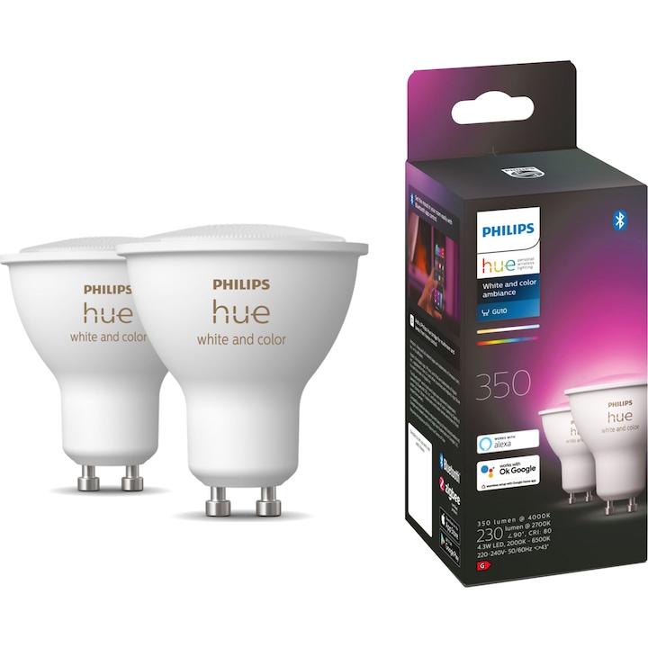 Pachet 2 becuri LED RGB inteligente Philips Hue, Bluetooth, Zigbee, GU10, 5W (35W), 350 lm, lumina ambianta alba si color, clasa energetica G