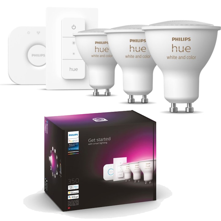 Pachet 3 becuri LED RGB inteligente Philips Hue, Bluetooth, Zigbee, GU10, 5W (35W), 350 lm, lumina alba si color + Consola Hue Bridge + Intrerupator, clasa energetica G