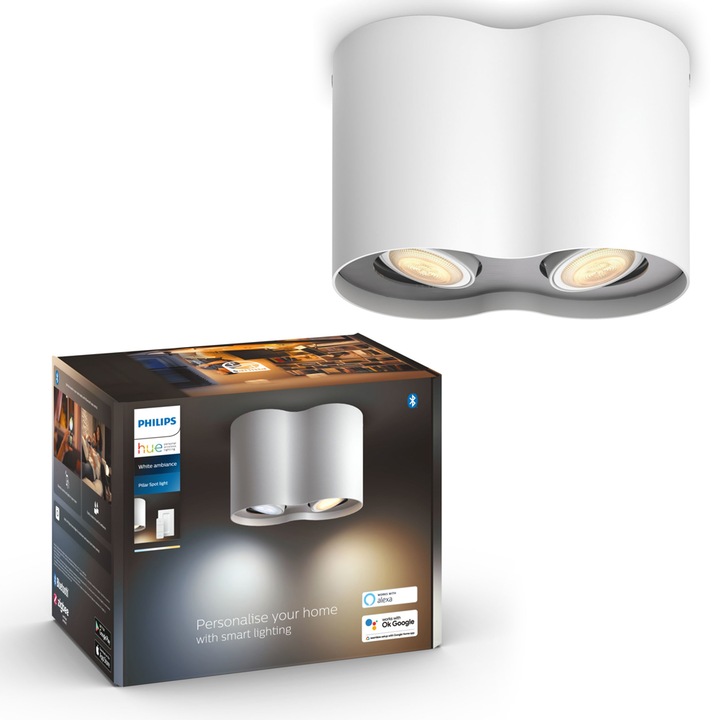 Spot inteligent Philips Hue Pillar, Bluetooth, Zigbee Light Link, cu intrerupator inclus, 2xGU10, 10W (50W), 700 lm, lumina ambianta alba (2200-6500K), 12x19.3x10.3 cm, Alb, clasa energetica G
