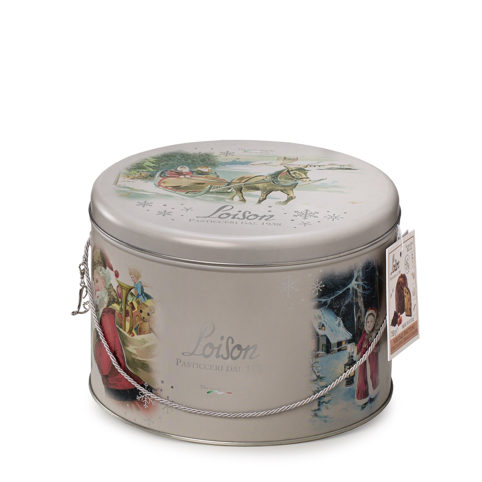 Panettone Loison Craciun cu ciocolata si caramel sarat in cutie de metal 750 g