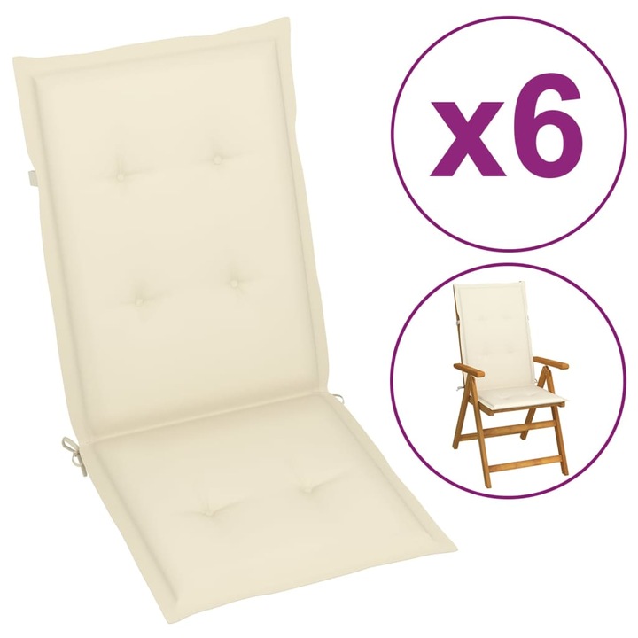 Възглавници за стол с облегалка vidaXL, 6 бр, кремави, 120x50x3 см, плат, 2.47 Kg