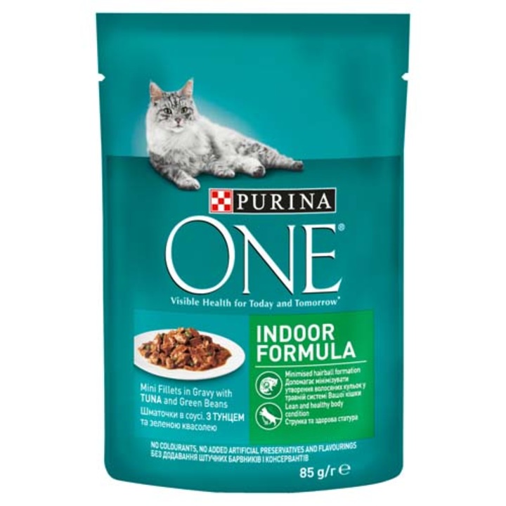 Храна за котки Purina One Indoor, Мини филе риба тон и зелен фасул в сок, 85 г