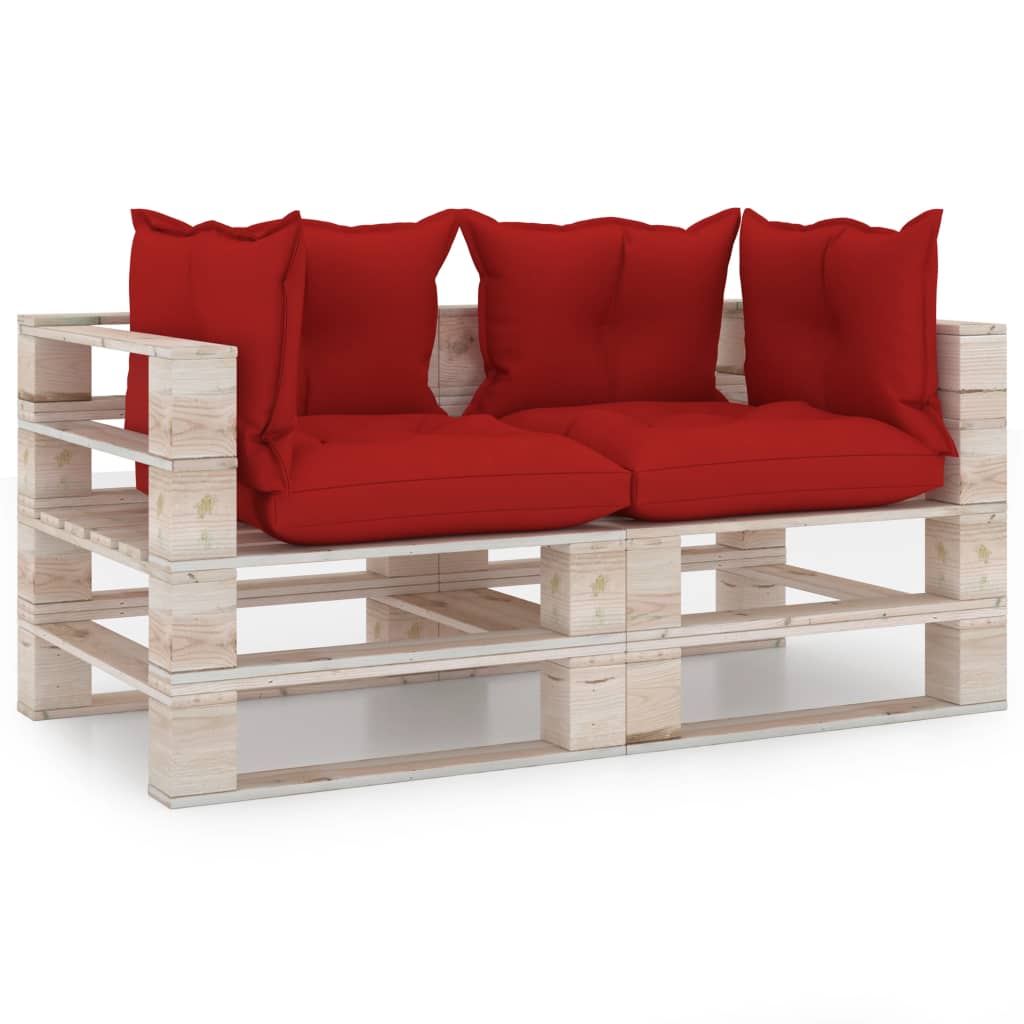 Canapea de gradina din paleti cu 2 locuri cu perne vidaXL, Lemn, 70 x 67.5 x 62 cm, Rosu