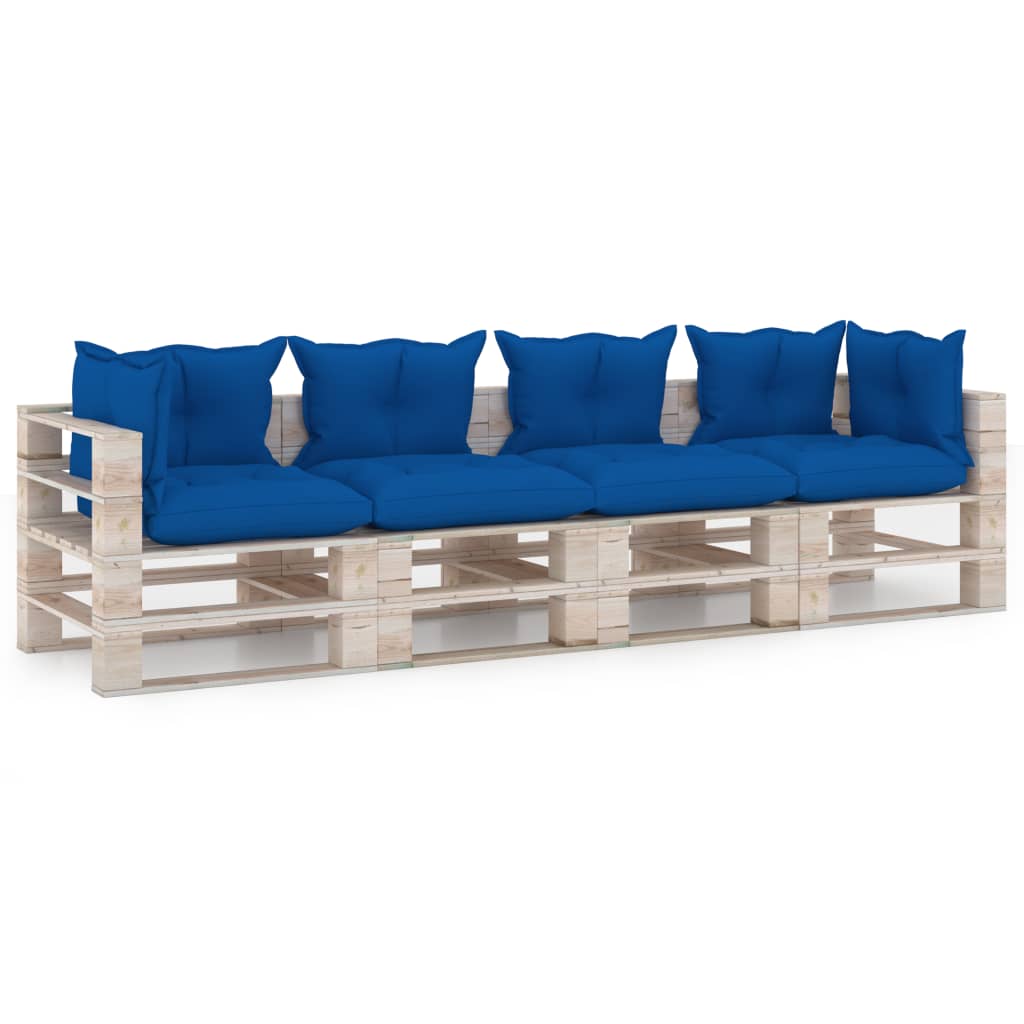 Canapea de gradina din paleti cu 4 locuri cu perne vidaXL, Lemn, 70 x 67.5 x 62 cm, Albastru
