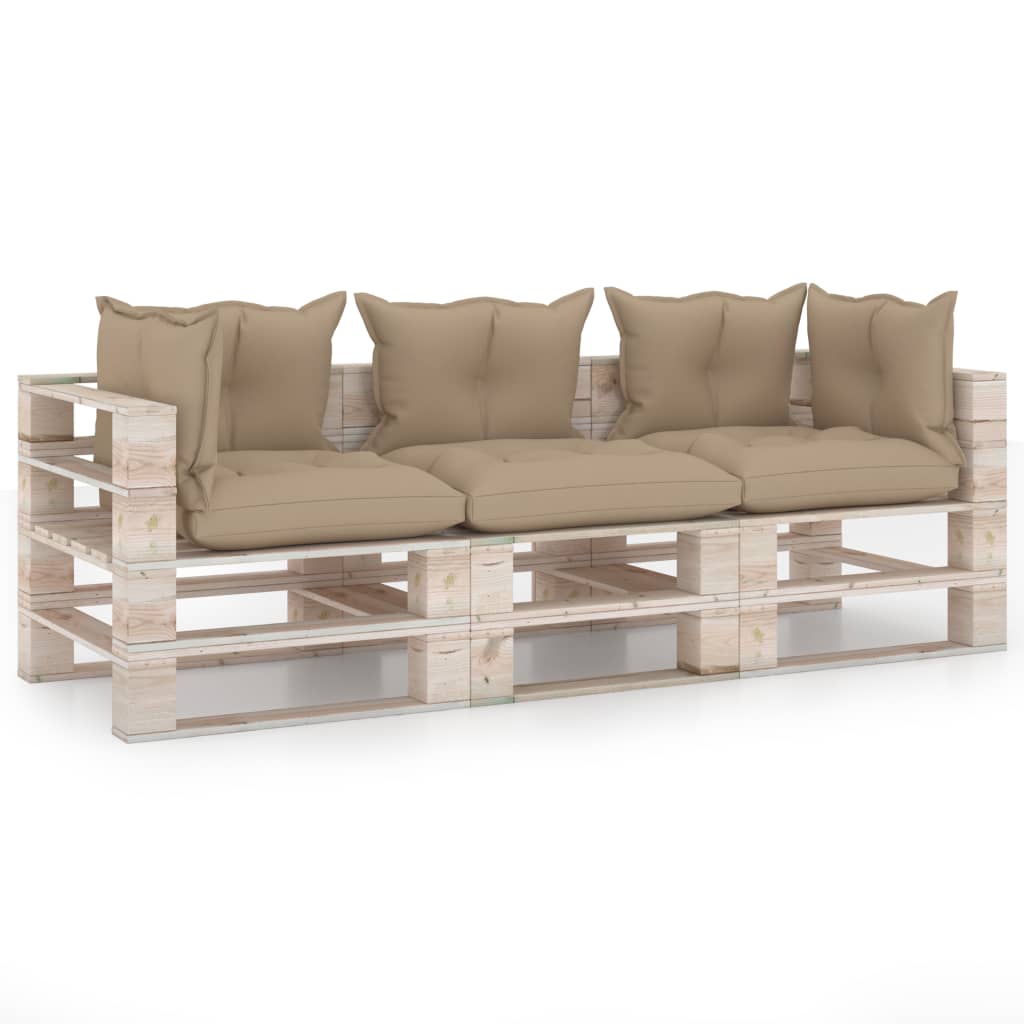 Canapea de gradina din paleti cu 3 locuri cu perne vidaXL, Lemn, 70 x 67.5 x 62 cm, Bej