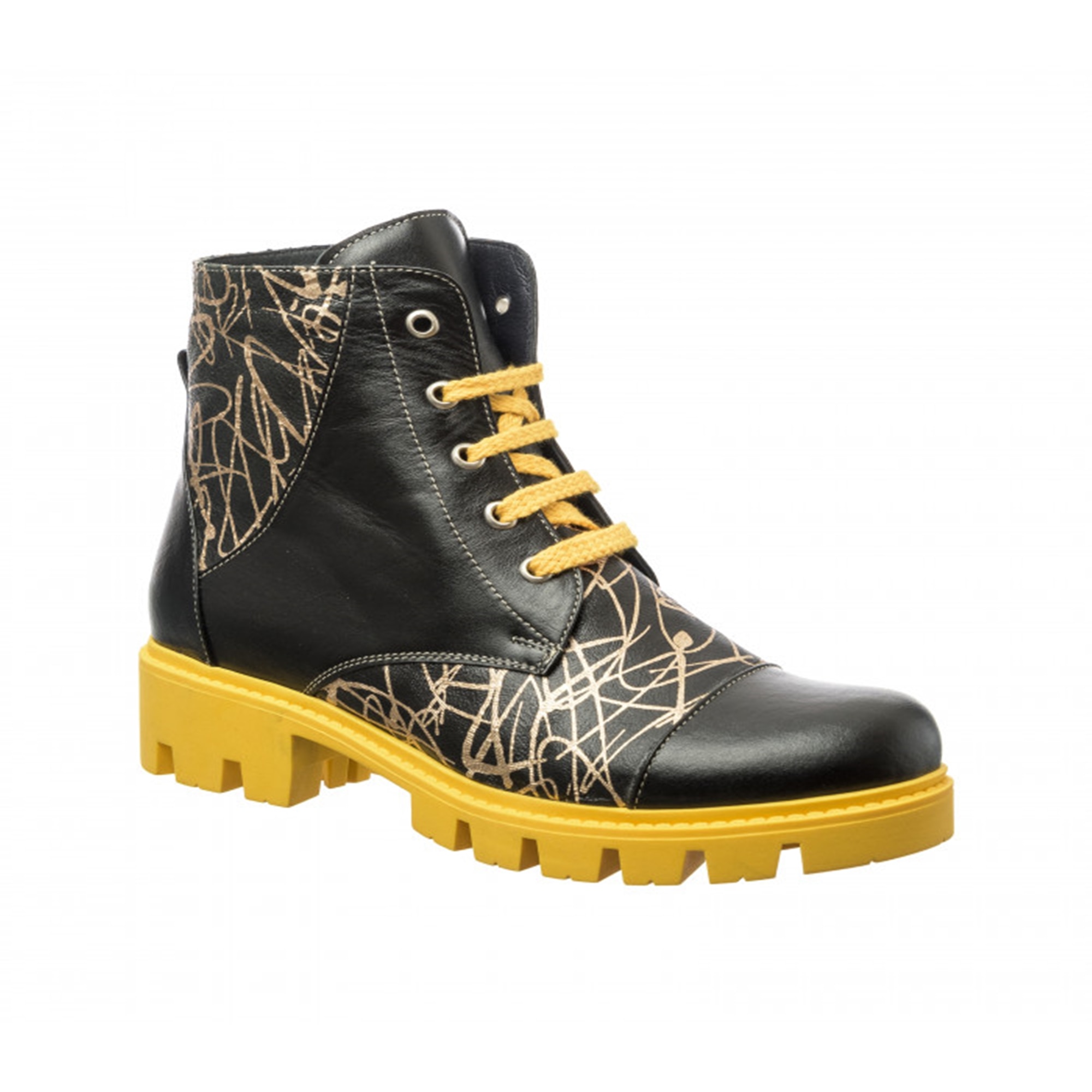 Bocanci dama din piele naturala - Negru box cu fir auriu- Bc20 Nbfa, 35 EU