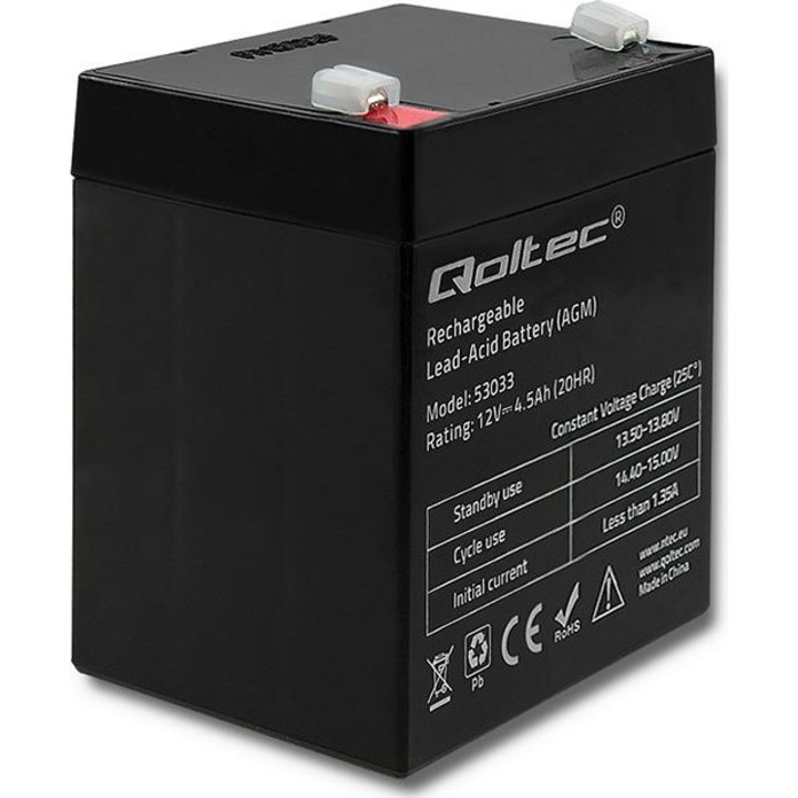 Baterie Qoltec AGM 12V 4,5Ah max 1,35A