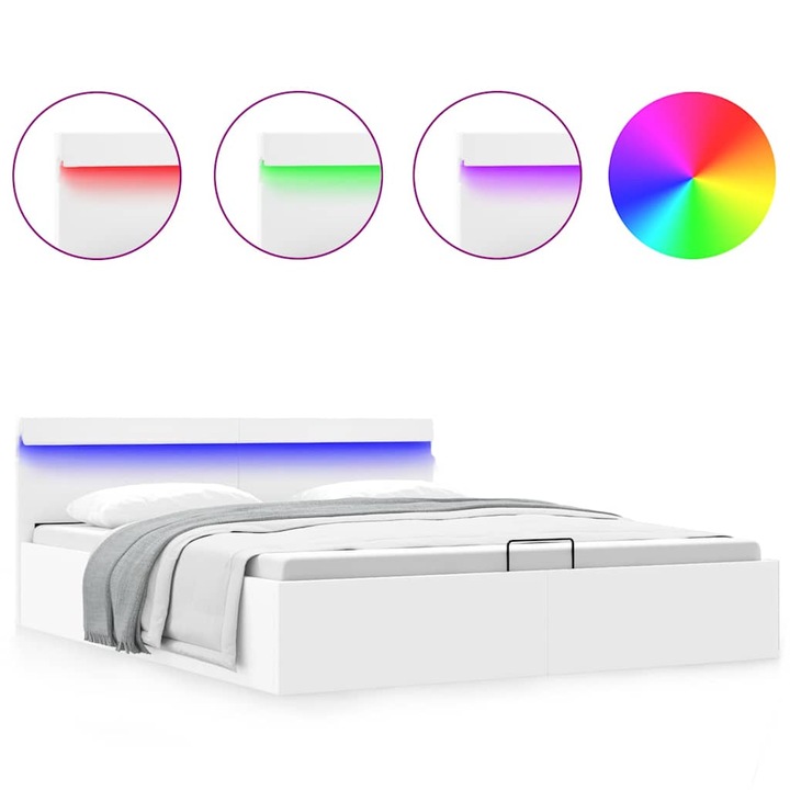 Cadru pat hidraulic cu lada LED alb 160x200 cm vidaXL, piele ecologica, 39.35 kg