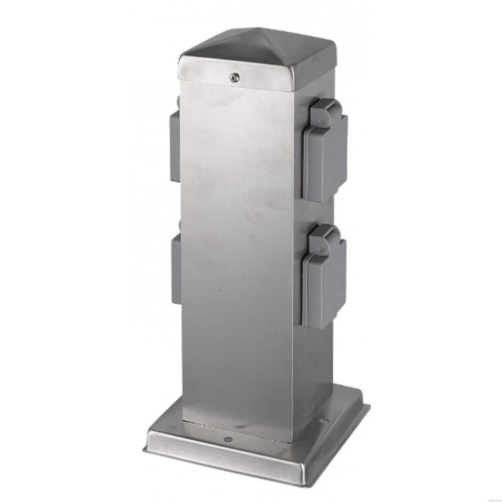 Priza stalp de gradina cu 4 intrari, Hilight, Protectie IP44, Inaltime 30 cm, 230 V, Argintiu