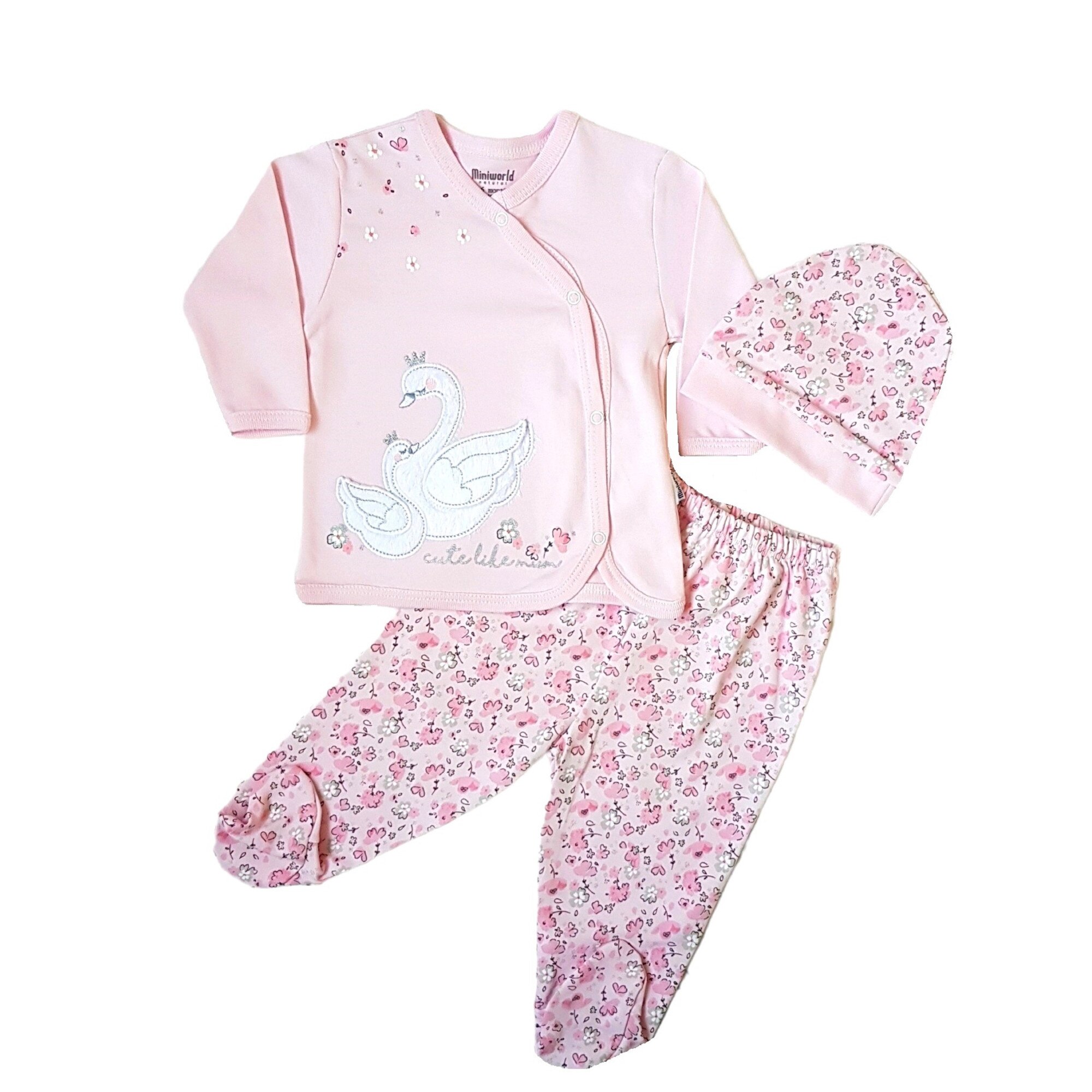 Compleu 3 piese din bumbac , Little swan, varsta 3-6 luni, 68 cm, Roz