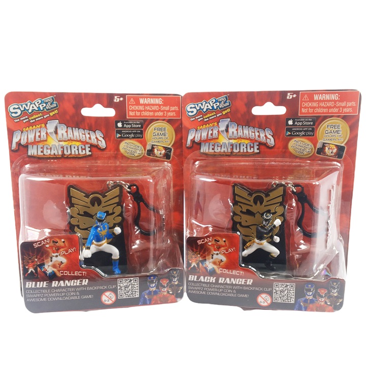 Комплект фигури със стойки ключодържатели Power Rangers Megaforce 12320, 3-32, Black Ranger и Blue Ranger, 2 Pack, Многоцветен, 8 см