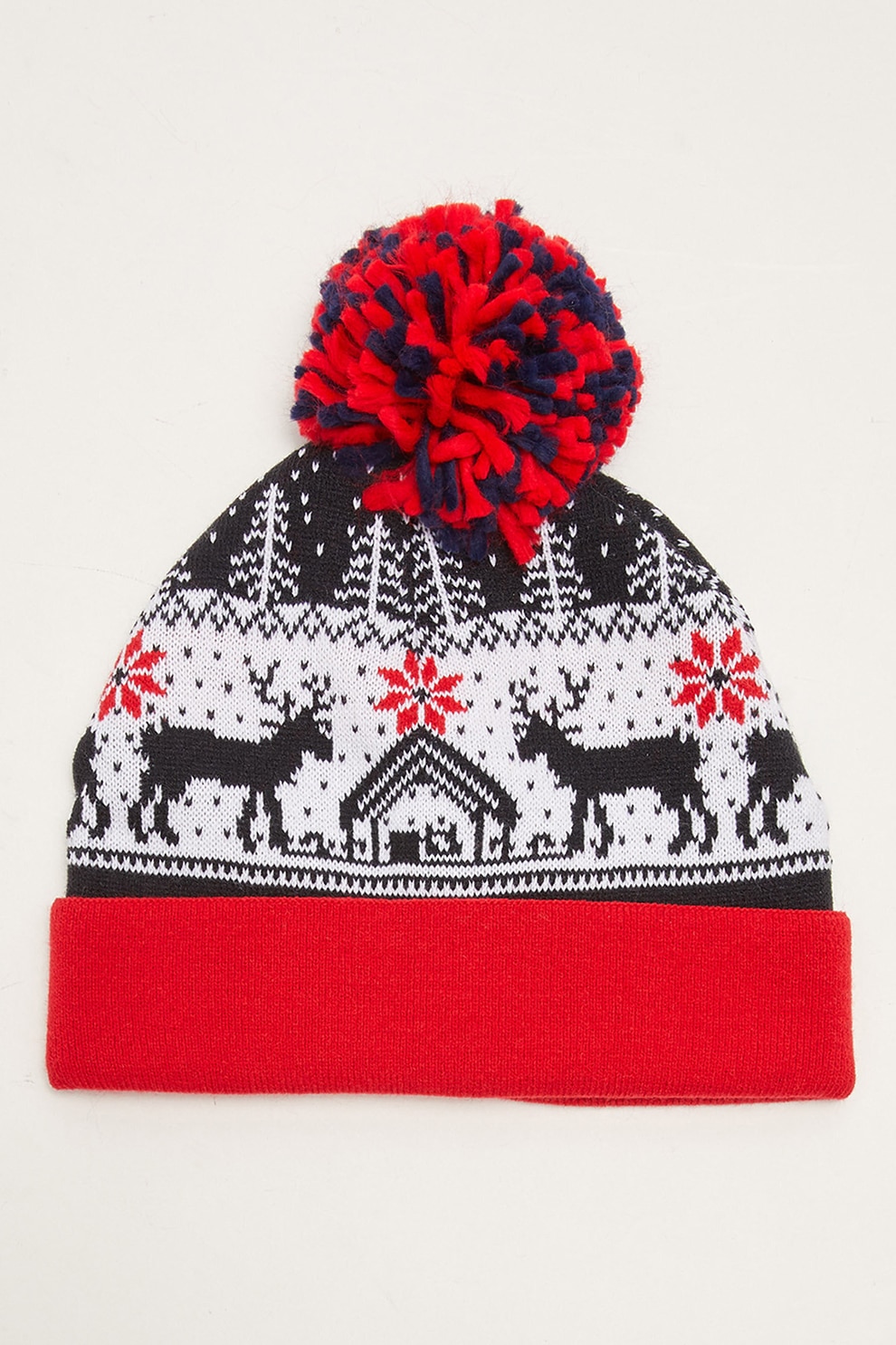 LC WAIKIKI, Caciula cu ciucure si model cu tematica de Craciun, Rosu/Alb/Negru, 116-140 CM Standard