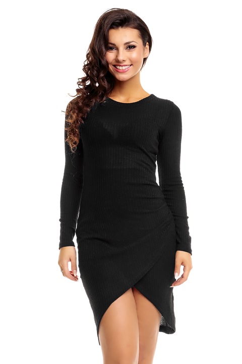 Rochie scurta asimetrica cu fusta parte peste parte, negru, Negru