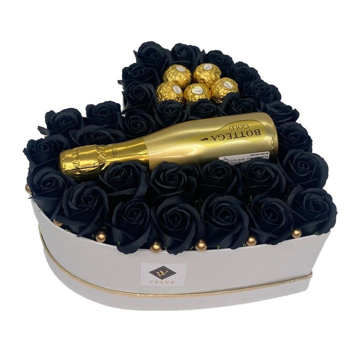 Aranjament floral Opulence, cutie inima cu trandafiri de sapun negri si Prosecco si praline, 28 x 10 cm