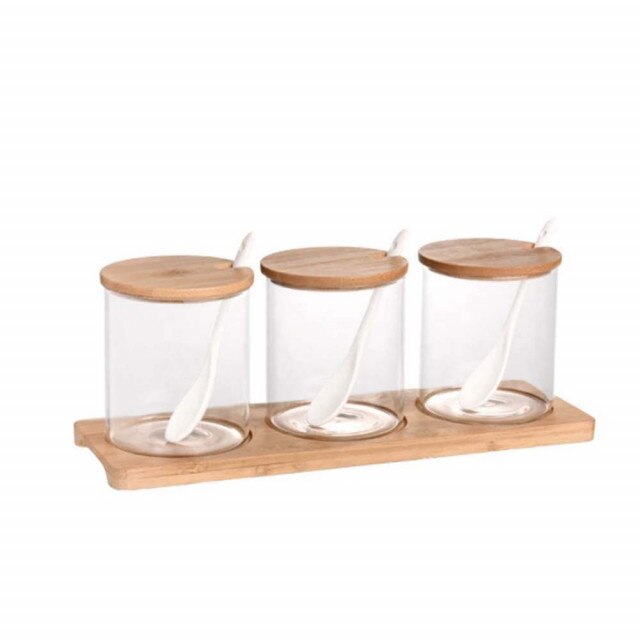 Set 3 recipiente Pufo Sole pentru zahar, cafea, ceai sau alte condimente, cu lingurita si suport din lemn