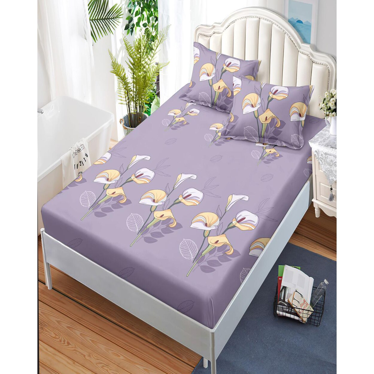 Set Husa de Pat cu Elastic si 2 Fete de Perna pentru Pat Dublu, Finet, 230x250, Flori Cale, HBFJ-113